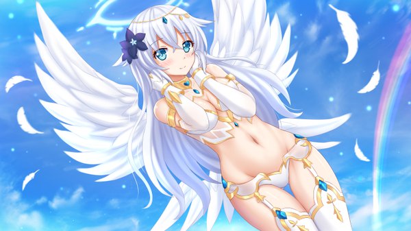 Anime picture 5759x3240 with choujigen game neptune black heart kazenokaze single long hair looking at viewer blush highres blue eyes light erotic wide image absurdres sky cloud (clouds) white hair girl gloves navel hair ornament underwear