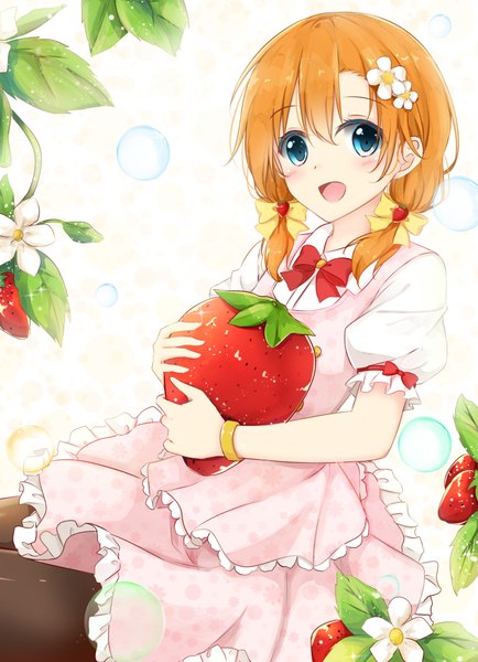 Anime picture 737x1018 with love live! school idol project sunrise (studio) love live! kousaka honoka kurottari single long hair tall image blush open mouth sitting twintails looking away hair flower orange hair puffy sleeves low twintails alternate hairstyle girl flower (flowers)