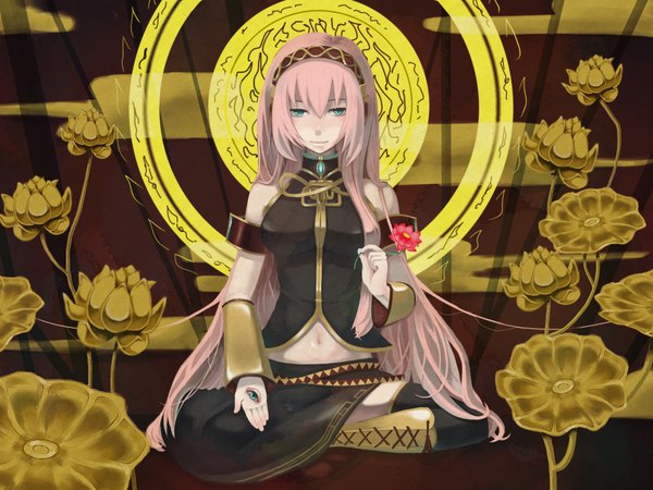 Anime picture 2000x1500 with vocaloid megurine luka buddha single long hair highres sitting pink hair goddess buddhism girl halo uchida akira
