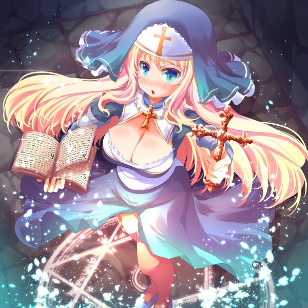 Anime picture 2400x2400 with original fujiyama takashi single long hair looking at viewer blush highres breasts open mouth blue eyes light erotic blonde hair large breasts cleavage magic nun girl book (books) cross magic circle