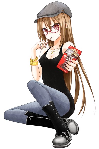 Anime picture 1000x1500 with original lindoh flores red-eyes macadamiachoco single long hair tall image simple background red eyes brown hair white background girl glasses boots bracelet sweets flat cap pocky