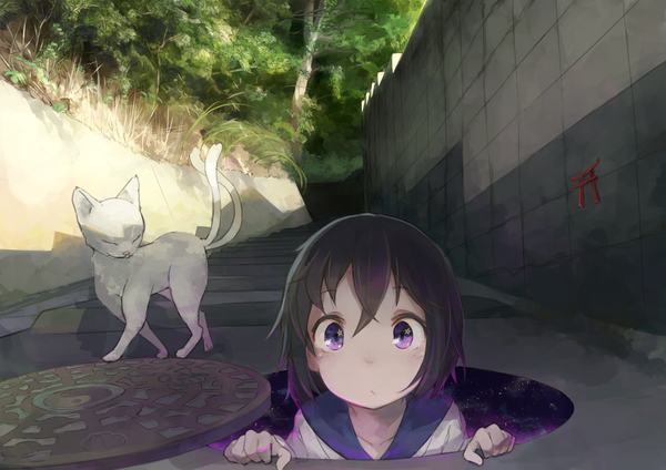 Anime picture 1600x1131 with original makihitsuji single looking at viewer short hair black hair purple eyes tail eyes closed sunlight multiple tails surprised girl plant (plants) animal tree (trees) cat grass wall torii