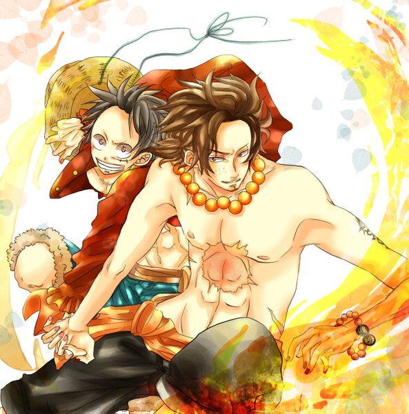 Anime picture 1200x1215 with one piece toei animation monkey d. luffy portgas d. ace togashi (choco-bakama kitchen) tall image short hair black hair brown hair brown eyes nail polish open clothes open shirt holding hands scar topless muscle boy hat leaf (leaves)