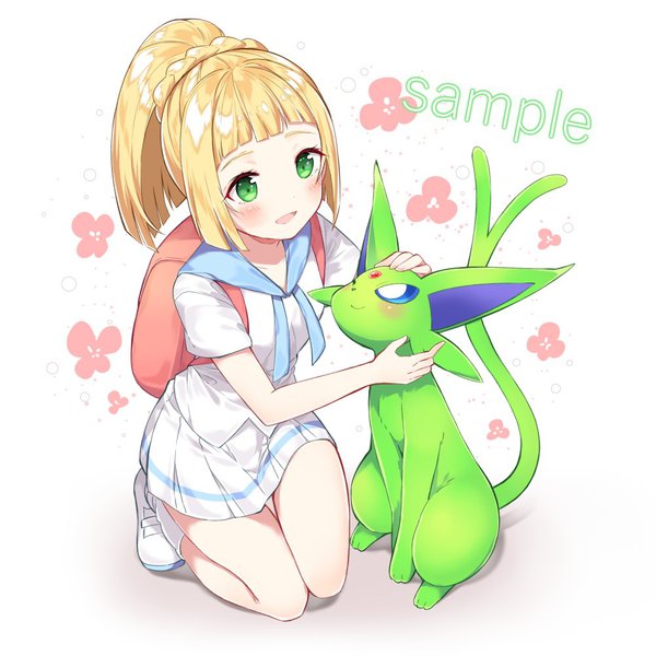 Anime picture 1000x1000 with pokemon pokemon sm nintendo lillie (pokemon) espeon chitetan single long hair blush fringe open mouth simple background blonde hair white background green eyes payot full body blunt bangs kneeling alternate color