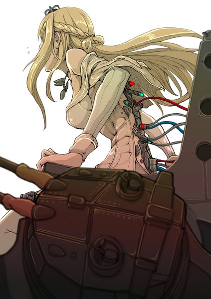Anime picture 817x1159 with kantai collection warspite (kantai collection) boushi-ya single long hair tall image fringe simple background blonde hair white background sitting bare shoulders payot braid (braids) long sleeves from behind blurry from below leaning depth of field