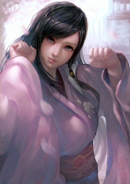 Anime picture 696x983 with dead or alive kokoro (doa) waymay single long hair tall image fringe black hair traditional clothes japanese clothes aqua eyes lips girl kimono