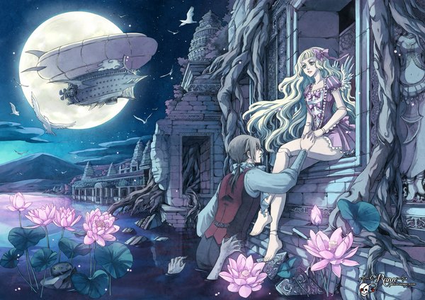 Anime picture 1169x827 with original rannsama long hair black hair blonde hair brown hair standing sitting green eyes signed sky cloud (clouds) ponytail barefoot grey hair from behind night sky back city mountain