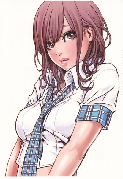 Anime picture 2413x3496 with yamashita shunya single long hair tall image looking at viewer highres breasts simple background brown hair white background brown eyes lips scan girl shirt necktie