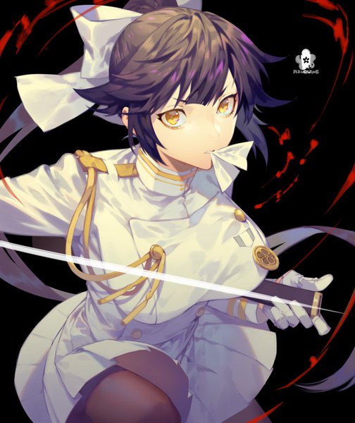 Anime picture 752x896 with azur lane takao (azur lane) yamakawa single long hair tall image looking at viewer black hair holding yellow eyes ponytail pleated skirt mouth hold fighting stance military girl skirt uniform bow weapon