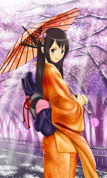 Anime picture 1771x2952 with original xiao lian single long hair tall image blush highres open mouth black hair purple eyes traditional clothes japanese clothes girl hair ornament plant (plants) tree (trees) kimono umbrella obi oriental umbrella