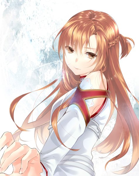 Anime picture 1030x1300 with sword art online a-1 pictures yuuki asuna tamaki (gmsk0141) single long hair tall image looking at viewer brown hair bare shoulders brown eyes girl detached sleeves