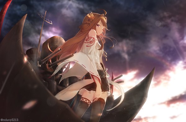 Anime picture 2001x1311 with kantai collection kongou battleship reluvy single long hair looking at viewer highres smile brown hair standing purple eyes brown eyes signed cloud (clouds) ahoge outdoors traditional clothes japanese clothes profile looking back