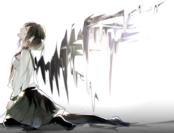Anime picture 1195x913 with original poni (rito) single short hair open mouth simple background brown hair white background full body eyes closed profile no shoes tears crying girl thighhighs uniform black thighhighs wings serafuku