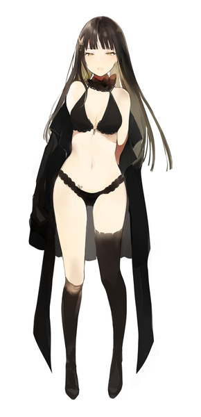 Anime picture 500x1034 with original lpip single long hair tall image looking at viewer blush fringe breasts open mouth light erotic black hair simple background standing white background bare shoulders yellow eyes cleavage full body undressing