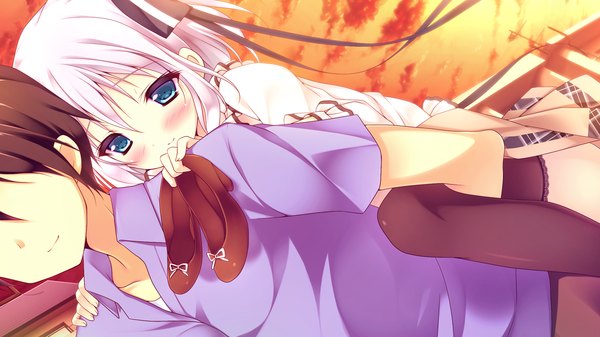 Anime picture 2168x1220 with zutto sukishite takusan sukishite housa serina blush highres short hair blue eyes wide image game cg white hair couple girl thighhighs dress boy ribbon (ribbons) black thighhighs hair ribbon