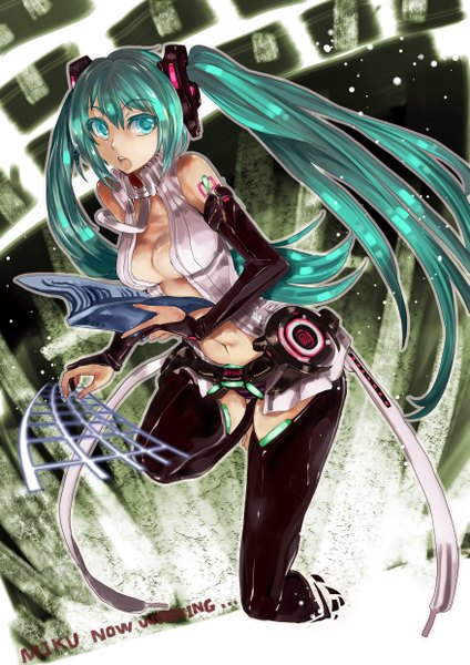 Anime picture 1754x2480 with vocaloid vocaloid append hatsune miku hatsune miku (append) canking single long hair tall image highres breasts open mouth light erotic twintails holding green eyes looking away cleavage green hair girl navel
