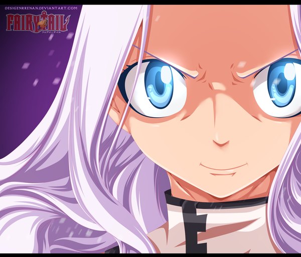 Anime picture 2016x1725 with fairy tail mirajane strauss designerrenan single long hair highres blue eyes smile white hair inscription coloring close-up face purple background girl