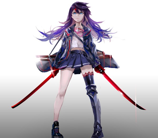 Anime picture 1900x1663 with original pixiv fantasia pixiv fantasia fallen kings futaba (pffk) laio single long hair highres blue eyes simple background white background holding purple hair pleated skirt grey background open clothes open jacket angry girl thighhighs