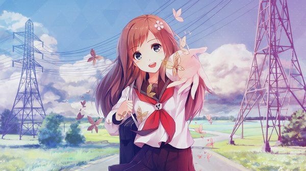 Anime picture 1280x720 with original aki (caidychen) arsenixc caidychen single long hair looking at viewer blush fringe open mouth blue eyes brown hair wide image standing holding sky cloud (clouds) outdoors pleated skirt arm up