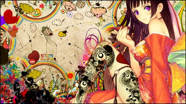 Anime picture 1600x900 with canvas (anime) misaki sumire snyp (r0pyns) single long hair wide image purple eyes bare shoulders purple hair japanese clothes tattoo painting girl kimono alcohol sake sakazuki