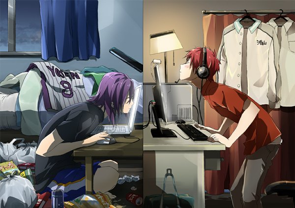 Anime picture 1032x726 with kuroko no basket production i.g akashi seijuurou murasakibara atsushi long hair blush short hair standing sitting purple hair red hair eyes closed squat almost kiss boy uniform school uniform window gym uniform room