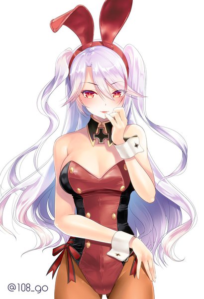 Anime picture 800x1168 with azur lane prinz eugen (azur lane) 108 gou single long hair tall image looking at viewer blush fringe breasts light erotic hair between eyes red eyes standing white background signed animal ears silver hair two side up bunny ears