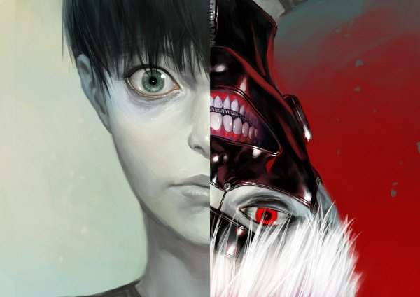 Anime picture 1200x848 with tokyo ghoul studio pierrot kaneki ken miandme looking at viewer fringe short hair black hair simple background red eyes green eyes white hair lips realistic teeth portrait multiview dual persona clenched teeth boy