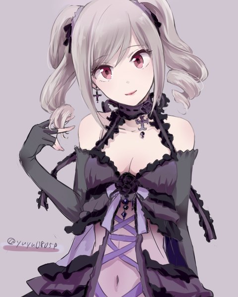 Anime picture 1280x1600 with idolmaster idolmaster cinderella girls kanzaki ranko yoshiyoshi (yuyu0805p) single long hair tall image red eyes twintails bare shoulders signed silver hair grey background drill hair girl dress gloves navel elbow gloves