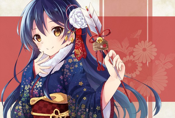 Anime picture 1515x1024 with love live! school idol project sunrise (studio) love live! sonoda umi nonono (nononotea) single long hair looking at viewer fringe simple background smile yellow eyes blue hair traditional clothes japanese clothes new year hand on face girl hair ornament flower (flowers)