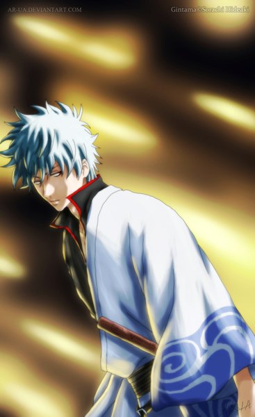 Anime picture 1024x1671 with gintama sunrise (studio) sakata gintoki single tall image short hair red eyes looking away silver hair boy weapon sword katana bokken