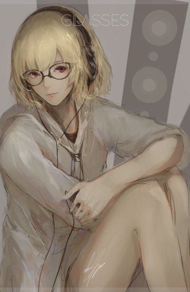 Anime picture 1707x2628 with original marumoru single tall image looking at viewer fringe highres short hair blonde hair red eyes sitting holding signed bent knee (knees) text english girl glasses headphones