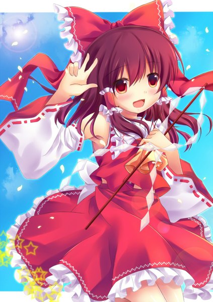 Anime picture 1057x1500 with touhou hakurei reimu yuzuki sora single long hair tall image blush open mouth red eyes brown hair girl dress bow hair bow detached sleeves petals gohei