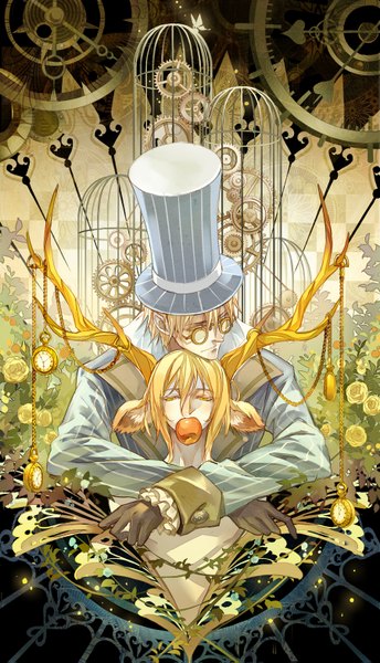 Anime picture 900x1567 with original niaoniao tall image short hair blonde hair holding animal ears yellow eyes horn (horns) multiple boys hug mouth hold boy gloves black gloves glasses 2 boys fruit clock apple