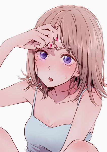 Anime picture 752x1062 with original teti single long hair tall image fringe breasts open mouth simple background brown hair white background sitting purple eyes bare shoulders nail polish arm up :o sweat adjusting hair face