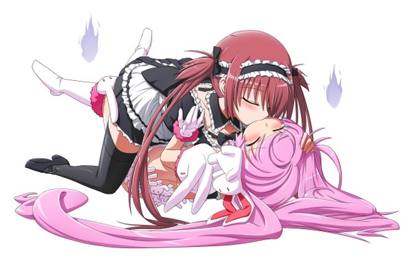 Anime picture 1209x800 with queen's blade airi (queen's blade) shirosame (artist) long hair blush light erotic simple background white background twintails multiple girls pink hair red hair eyes closed maid shoujo ai kiss girl thighhighs dress black thighhighs