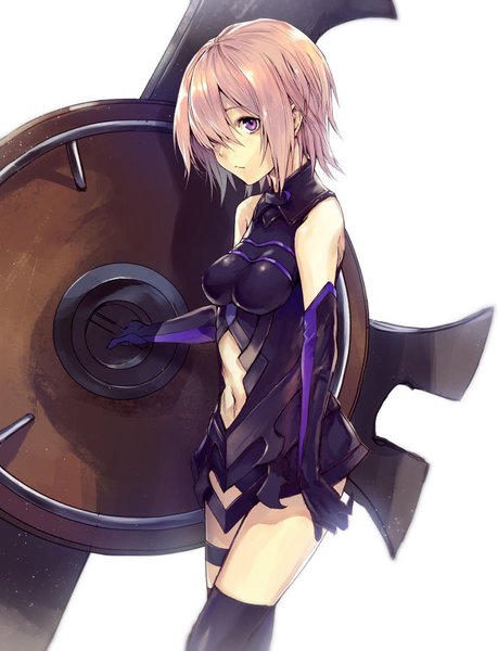 Anime picture 688x899 with fate (series) fate/grand order type-moon mash kyrielight applekun single tall image fringe short hair light erotic simple background white background purple eyes holding looking away pink hair blurry hair over one eye girl thighhighs