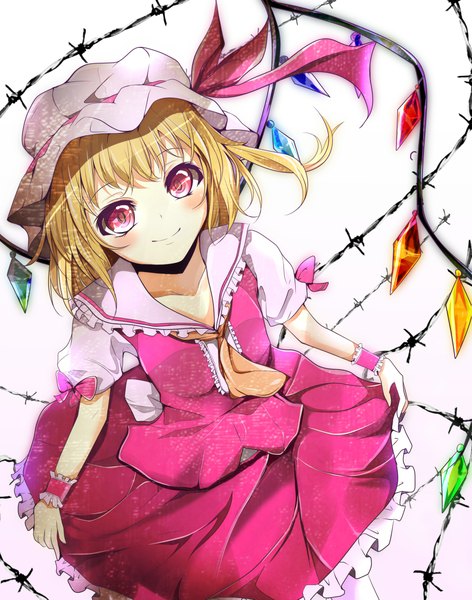 Anime picture 1831x2327 with touhou flandre scarlet velia (artist) single tall image looking at viewer blush highres short hair blonde hair smile red eyes from above wind girl dress skirt wings bonnet skirt set
