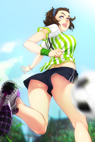Anime picture 2200x3268 with original feguimel single tall image highres short hair open mouth blue eyes light erotic brown hair looking back girl shorts short shorts t-shirt ball soccer ball