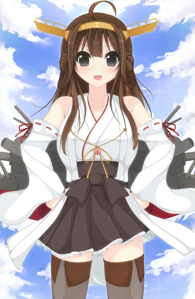 Anime picture 1200x1835 with kantai collection kongou battleship chimunge single long hair tall image blush open mouth brown hair sky cloud (clouds) ahoge black eyes nontraditional miko girl thighhighs dress hair ornament weapon