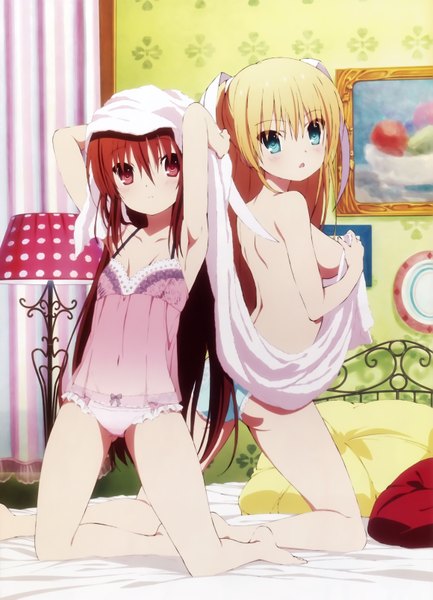 Anime picture 4638x6430 with little busters! key (studio) natsume rin tokido saya long hair tall image looking at viewer highres breasts blue eyes light erotic blonde hair red eyes multiple girls absurdres red hair official art girl underwear panties