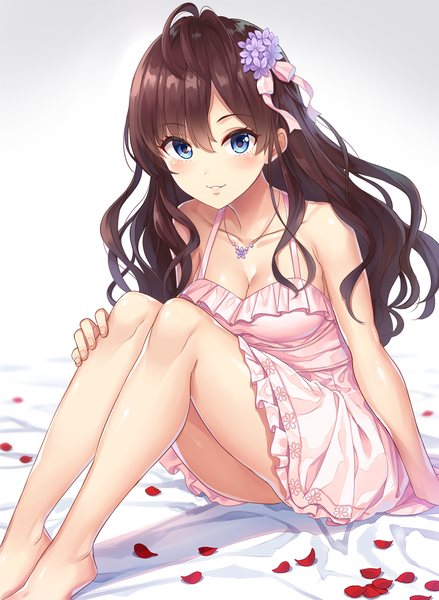 Anime picture 1077x1472 with idolmaster idolmaster cinderella girls ichinose shiki yuuhi (ages) single long hair tall image looking at viewer breasts blue eyes light erotic smile brown hair sitting bare shoulders ahoge bent knee (knees) hair flower arm support bare legs