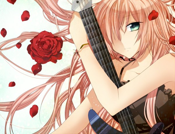 Anime picture 1155x887 with vocaloid megurine luka akitsuki (akiduko) single long hair fringe pink hair aqua eyes hair over one eye girl flower (flowers) petals rose (roses) red rose guitar