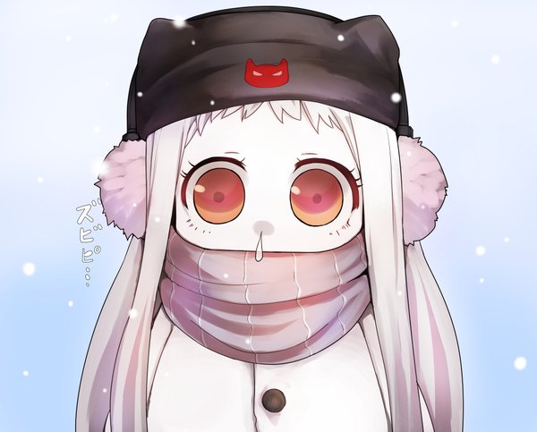 Anime picture 1000x805 with kantai collection northern ocean hime gomasionori single long hair looking at viewer fringe red eyes standing white hair text snowing winter white skin shinkaisei-kan adapted costume albino girl scarf cap