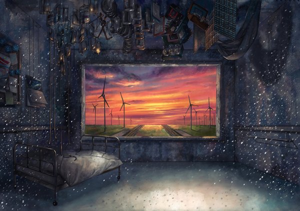 Anime picture 2340x1648 with original taitsu (tights) highres cloud (clouds) indoors sunlight evening snowing sunset horizon no people flower (flowers) plant (plants) window bed bedsheet grass bottle blanket calendar