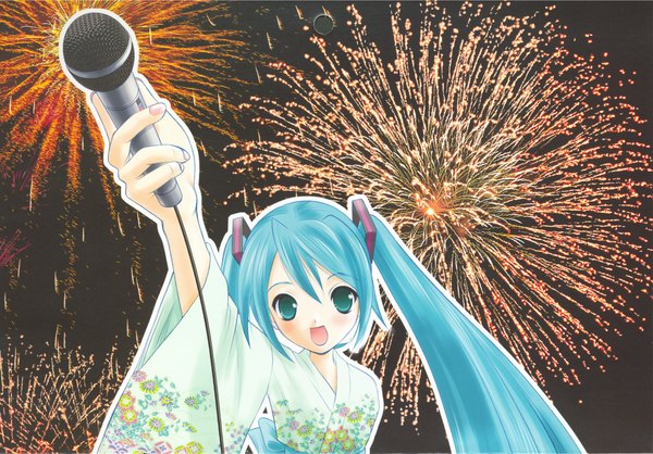 Anime picture 2459x1715 with vocaloid hatsune miku single long hair looking at viewer blush fringe highres open mouth twintails payot blue hair upper body long sleeves traditional clothes japanese clothes arm up aqua eyes scan night
