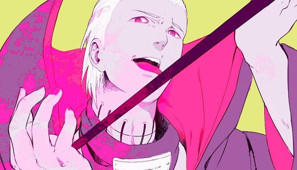 Anime picture 1200x686 with naruto studio pierrot naruto (series) hidan zukeban (artist) wide image white hair pink eyes lacing akatsuki boy tongue