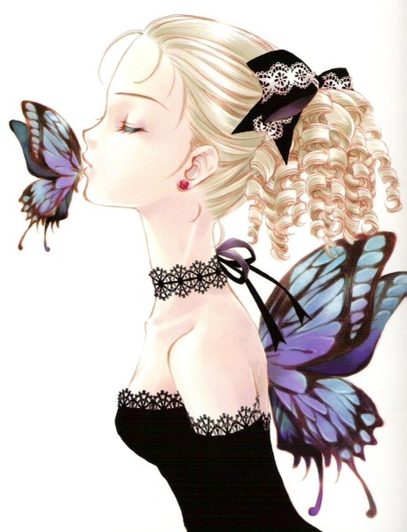 Anime picture 919x1200 with original minakami kaori single long hair tall image simple background blonde hair white background bare shoulders eyes closed drill hair light insect wings almost kiss butterfly wings girl dress bow ribbon (ribbons) hair bow