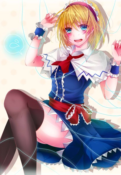 Anime picture 1000x1437 with touhou alice margatroid rukito single tall image blush short hair open mouth blue eyes blonde hair tears girl thighhighs black thighhighs hairband wrist cuffs mantle sash
