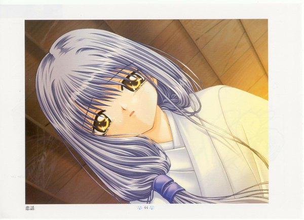 Anime picture 1755x1272 with air key (studio) shiraho hinoue itaru single long hair looking at viewer highres yellow eyes traditional clothes parted lips japanese clothes grey hair scan border low ponytail girl kimono