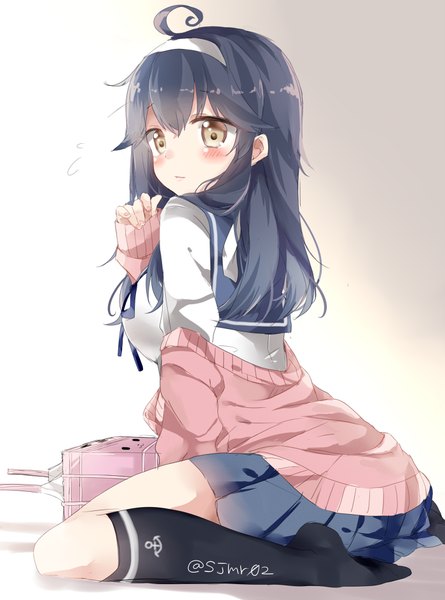 Anime picture 700x943 with kantai collection ushio destroyer shijima (sjmr02) single long hair tall image looking at viewer blush fringe breasts black hair hair between eyes large breasts sitting brown eyes signed full body ahoge bent knee (knees) long sleeves